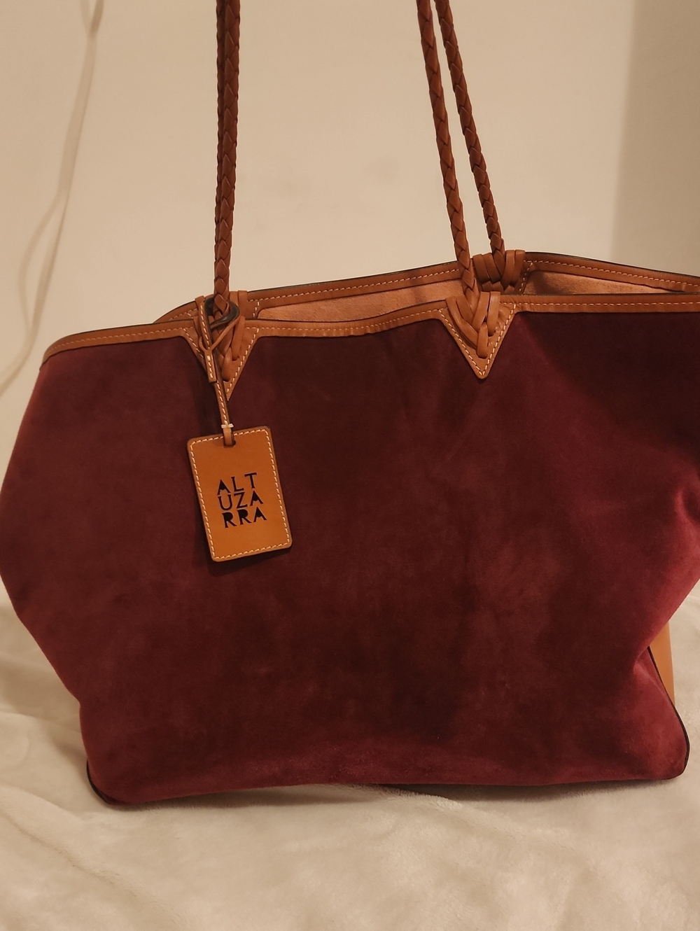 Altuzarra Burgundy Suede Tote with Tan Leather Accents